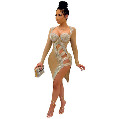 Night Club Dress Sexy Long Sleeve Hollow Out Split Evening Party - MARC SHERL