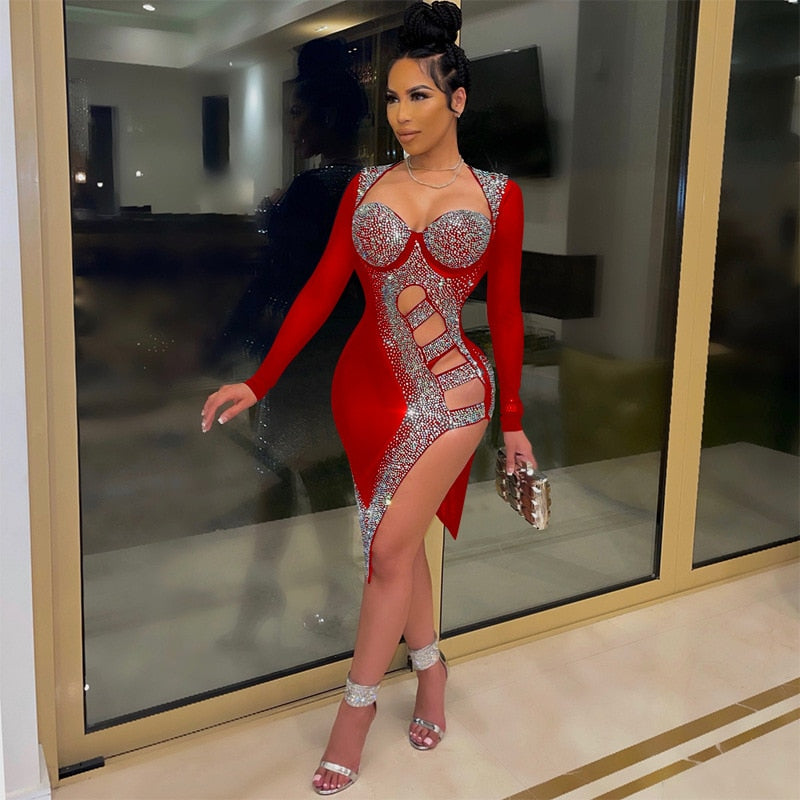 Night Club Dress Sexy Long Sleeve Hollow Out Split Evening Party - MARC SHERL